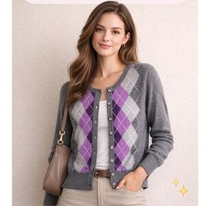 APT 9 100% Cashmere Argyle Cardigan Gray Purple Preppy Soft Cozy Size M